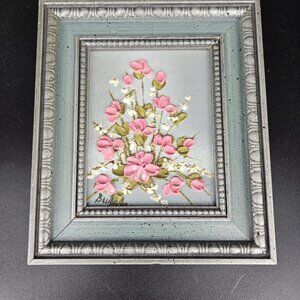 Vintage Budnik Floral Oil Painting Pink Flowers Original Signed Framed Art 7x8in